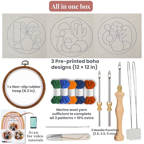 Zyrose Punch Needle Kit for Beginners – Modern Embroidery Kit with Printed Fabric, Non-Slip Hoop, Merino Yarn, 3 Needles – Boho Craft Kit for Adults & DIY Gifts (Boho Abstract) - style: BOHO abstract