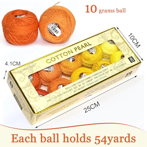 Double Mercerized Egyptian Long Staple Cotton Pearl Thread Ball 10 Grams Rainbow Color Embroidery Thread 10 Colors per Box for Crochet Hardanger Cross Stitch Hand Embroidery,Orange Series - color: orange series