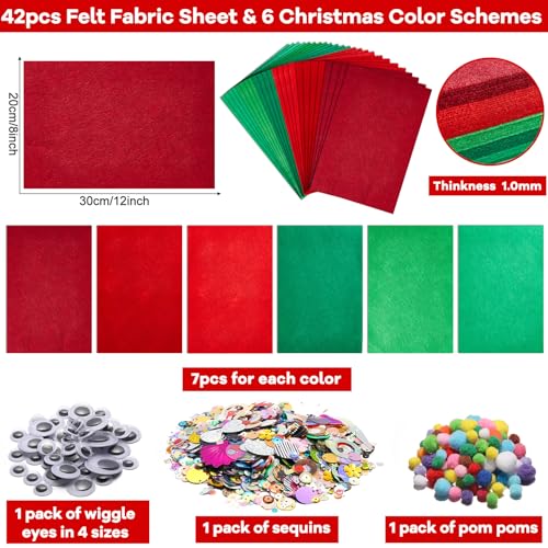 gisgfim 42Pcs Red and Green Gradient Felt Fabric Sheets 8 x 12 Inch Soft Thick Christmas Xmas Felt Pack with Wiggle Google Eye Pom Pom Glitter Patchwork Craft for DIY Sewing Creative Art Project Decor - style: Red Green Series