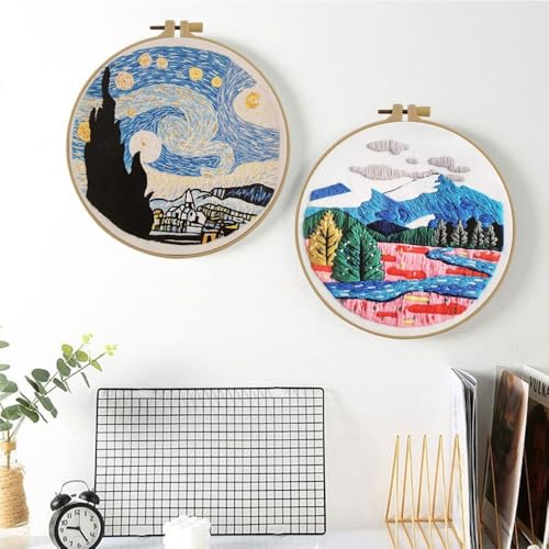 Esffaci Embroidery Starter Kit for Adult Beginner with Mountain Landscape Tree Flower Scenery Pattern Hand Embroidery Set with Embroidery Cloth Floss Hoop Needle Threader and Instruction - color: Scenery