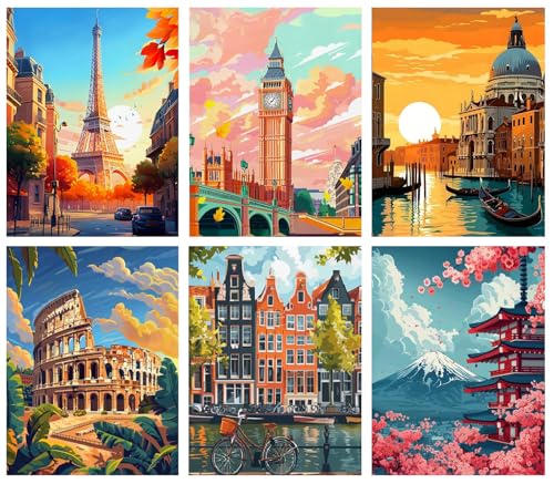 6 Pack Famous Cityscape Stamped Cross Stitch Kits for Adults Beginners - color: Famous Urban Landscapes