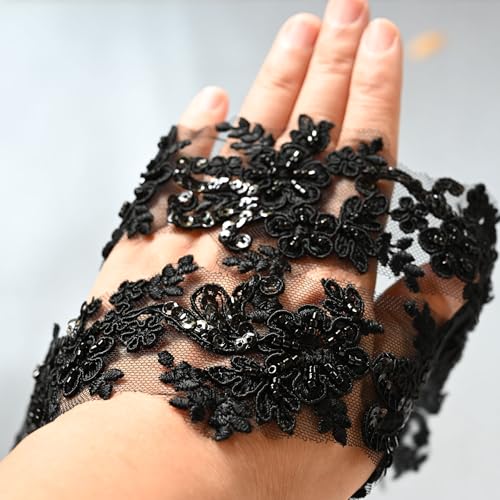 6cm*2yards Ivory White Luxury Beaded Embroidery Flower lace Appliques for Wedding Dresses Rhinestone Applique Patches Embroidery lace parches ropa (Black Color) - color: SPXB-TV0091BCL-2y-black