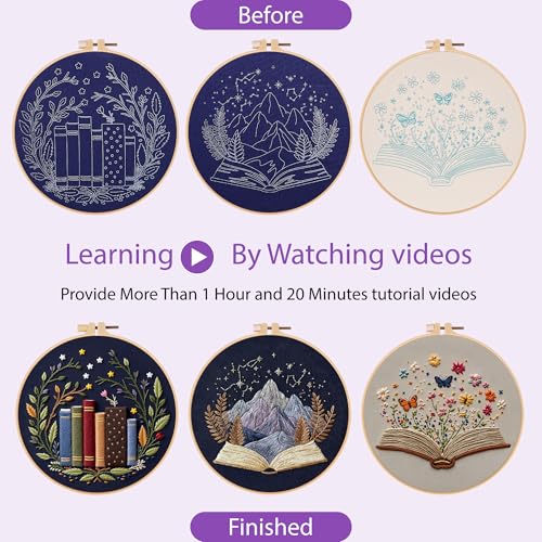 Uniartfy 3 Pack Embroidery Starter Kit, Stamped Book Flower Mountain Butterfly Cross Stitch Kits for Beginners, Needlepoint Kits Adults with Embroidery Hoop and Instructions, Hand Embroidery Kit - color: Embroidery Kit-P