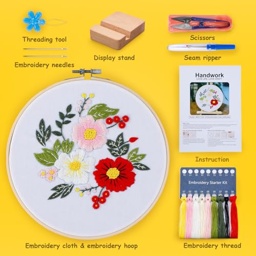 BERYA Embroidery Kit for Beginners, Flowers and Leaves Embroidery Practice Kit, Hand Floral Embroidery Starter Kit for Adults with Video Step by Step Instructions, Hoops, Threads and Needles (BEF011) - color: flower white