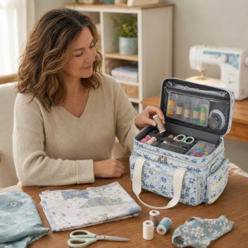 Lyhaxon Sewing Organizer Storage Bag, Double Layer Sewing Box Case - color: Blue Floral