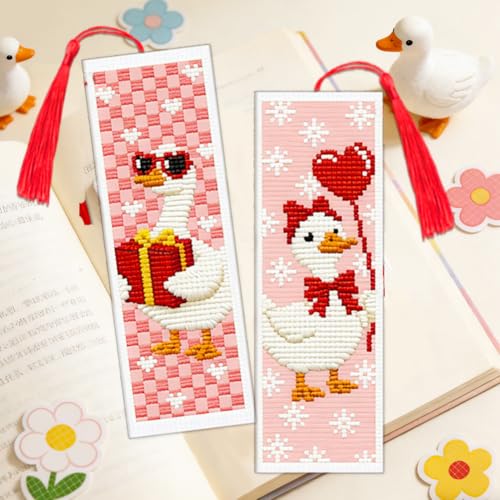 ACRNIGHEET 6PCS Cross Stitch Bookmark Kit for Beginner Cute Goose Stamped Cross Stitch Kits Needlepoint Kit for Adults DIY Tassel Embroidery Bookmark Kits with Instructions Craft Gift 8.5"x3" 11CT - style: Cute Goose Patterns