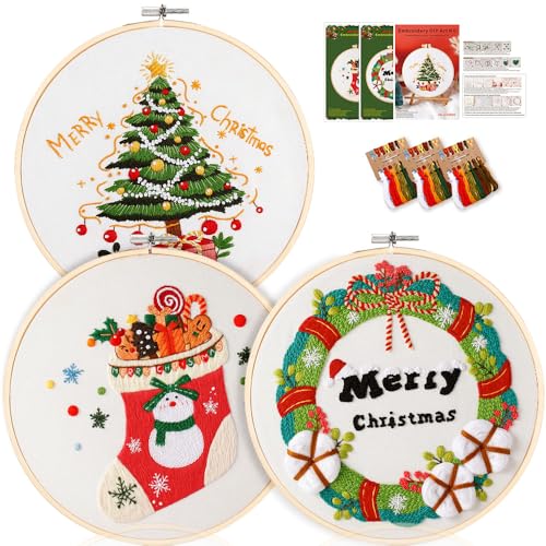 wtisan Christmas Embroidery Kit, Cross Stitch Kits for Beginners, Needlepoint with All Tools & Instructions, Stamped Hand Embroidery Starter Kit for Holiday Crafts & Xmas Home Decor, W10 - color: W10, size: 3 Pack