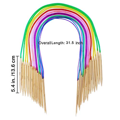 Exquiss Bamboo Knitting Needles Set, 18 Pairs Circular(31.5”) Wooden Knitting Needles with Colored Plastic Tube, 36PCS Single Pointed Bamboo Knitting Needle(9.5”), Include Knitting Tools for Weaving