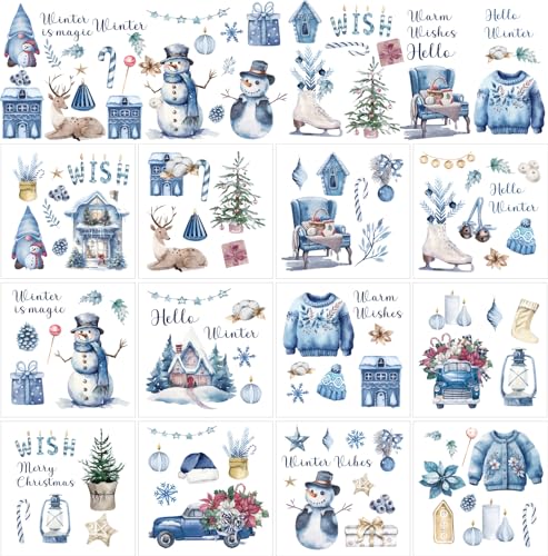 Winter Christmas Rub on Transfers for Crafts - Wxiben 12 Sheets Snowman Snowflake Rub on Transfers for Furniture Blue Xmas Gnome Rub on Transfer Decal Stickers for Wood DIY Craft Office Home Decor - style: Winter Christmas