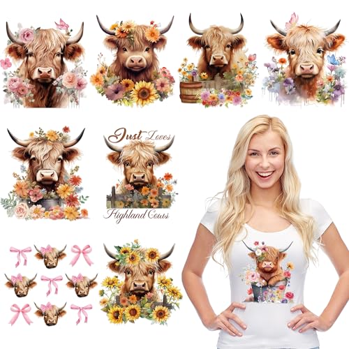 9 Sheets Highland Cow Iron on Transfers for T-Shirts - style: Highland Cow