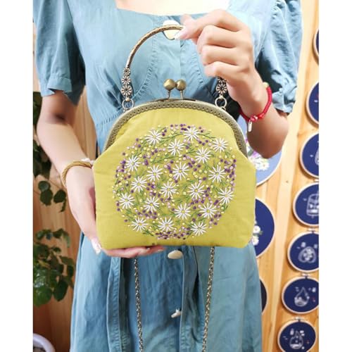 Flower Embroidery Kit Tote Bag, Embroidery Coin Purse Kits Handbag Hand Embroidery Kit for Adults Beginner with Embroidery Patterns, Embroidery Hoop,DIY Sewing Kit - color: cute floral