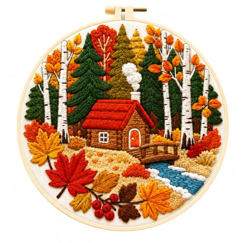 Zhenqing Autumn Cabin Embroidery Kit for Beginners (C0140) - color: Autumn Cabin