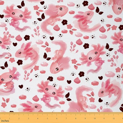 Pink Axolotl Pattern Fabric by The Yard Cartoon Style Lovely Wildlife Soft Polyester Sewing Craft Flowers Leaves Cute Animal DIY Sewing Fabric for Kids Sofa Chair,1 Yard,White Pink - color: Axolotl, size: 1 Yard