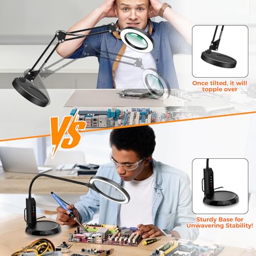 15X Magnifying Glass with Light and Stand, 5-Color & 10 Lightness Level - color: Black