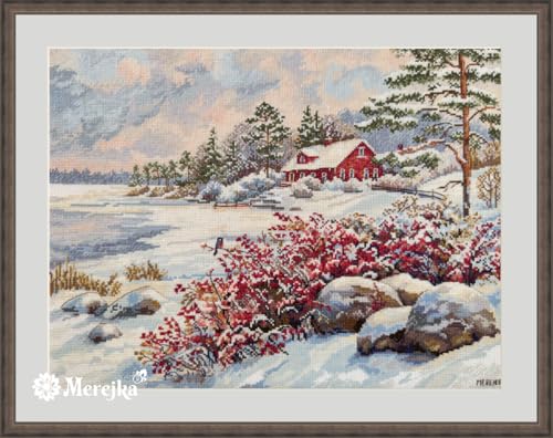 Merejka Counted Cross Stitch Kit – The Lake House K-261, Winter Cottage Lakeside Scene, Zweigart Aida 16 White, 34 DMC Threads, Finished Size 11.8 x 15.7 in (30 x 40 cm)