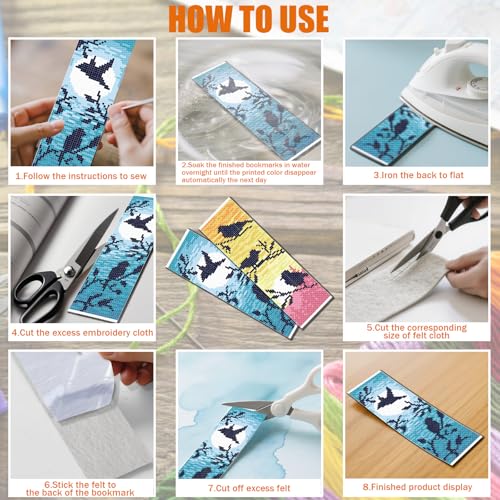 FREEBLOSS 6 Set Cross Stitch Bookmark Kit 11 CT Complete Cross Stitch Kit DIY Embroidery Bookmark Kits for Adult Beginners with Instructions, Bird and Flower Pattern, 6 x 20 cm/8" x 2.4" - style: Birds Branches