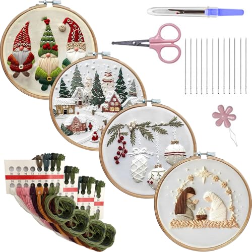 LB Christmas Embroidery Kit for Beginners: 4-Piece Cross Stitch Set with Green Plant, White Snowflake & Gnomes | Adults DIY Starter Kit Includes Hoop, Threads and Tools - color: White and Green