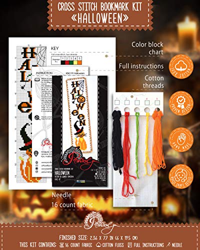 Povitrulya Halloween Cross Stitch Bookmark Kit 'Red Cat in Witch Hat' - color: Red Cat in Witch Hat