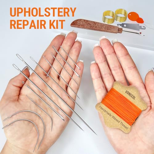 Upholstery Repair Kit: Waxed Sewing Thread (Orange Color) & Heavy Duty Needles (11 PCS) for Leather, Canvas & Quilting Thread - color: Orange