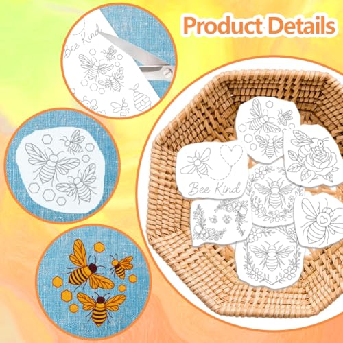 ORIGACH 4 Sheets Water Soluble Embroidery Patterns Stabilizers - Pre-Printed Bee & Flower Designs - Stick and Stitch Embroidery Paper Hand Sewing Stabilizers for Embroidery Beginners - color: Bee & Flower