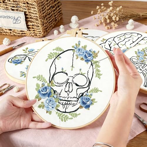 Kuabiz 5 Sets Skull Embroidery Kits for Beginners Anatomy Cross Stitch Kit for Adults Organ Embroidery Starter Kit Embroiderys Hoop Needlepoint Kits with Instruction Needles Threads for Doctors Gifts - style: Organ