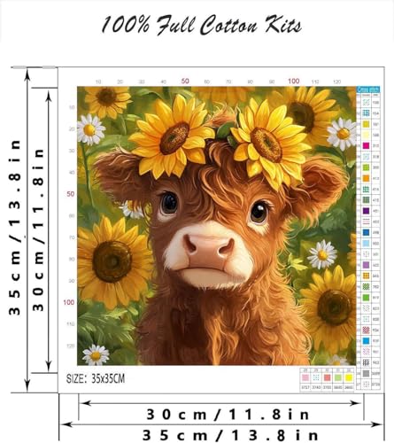 Cattle Sunflower Stamped Cross Stitch Kits for Adults - Embroidery Kits for Beginners Adults,11 CT Patterns Dimensions Counted Cross Stitch Kits for Adults Arts Craft 14x14 inch - color: Cross stitch-22