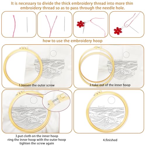 BEUNITONE 6PCS Beginner Embroidery Kit for Adults, Minimalist Black and White Style Pre-Stamped Pattern Needlepoint Kits with Hoops & Instruction, Hand Embroidery Kits for Fabric and Home Decor 7.9" - style: Black White Scenery