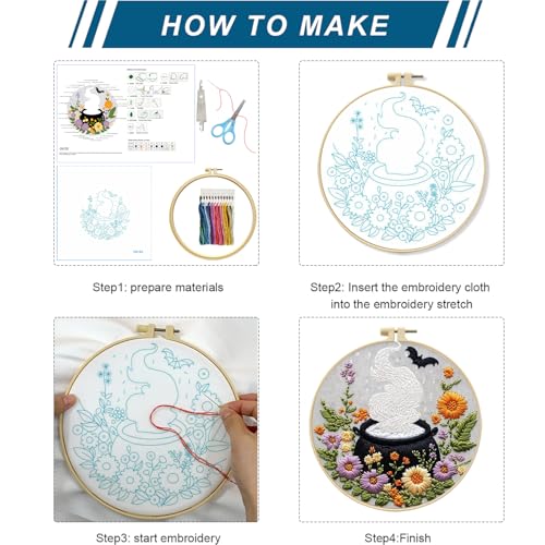 Zhenqing Halloween Cauldron Embroidery Kit for Beginners, Magic Pot Witch Decor Needlework Kit with Pre-Printed Cotton Fabric, Hoop, Threads & Tools, Spooky DIY Wall Art (C0120) - style: Halloween Cauldron