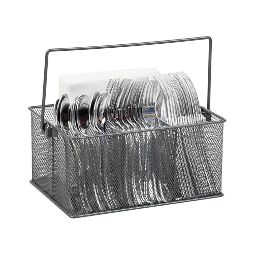Mind Reader Multi-purpose Storage Caddy with Handle, Desktop Organizer, Cutlery Holder, 4 Compartments, Metal Mesh, Gray - color: Gray, size: Single