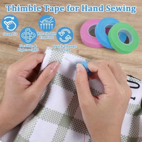 3 Rolls Thimble Tape for Hand Sewing, Self-Adhesive Cotton Finger Protector, Breathable Finger Tape Adjustable Knitting Bandage for Quilting, Embroidery DIY Crafts (Green, Purple, Blue) - color: Green, Purple, Blue