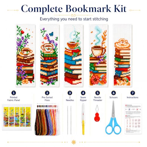 Zhenqing Books and Coffee Stamped Cross Stitch Bookmark Kit, 5 Cozy Reading Designs for Adults and Beginners, Book Lover Gift - color: Books and Coffee Bookmark