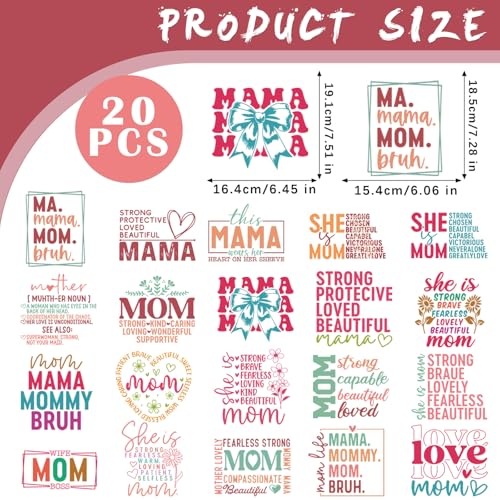 Dazoratix Mothers Day Iron on Transfers - 20 Sheets Mama Bow DTF Ready to Press Heat Patches Bulk Cute Mom Stickers Vinyl Decals for Women T Shirts Clothes Pillow Bag Hat Gifts DIY Crafts Decorations - style: Mama
