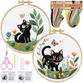 ERKOON Embroidery Kit for Beginners, 2 Set Flower Cross Stitch Set Include Embroidery Cloth Hoops Threads for Craft Lover Hand Stitch with Embroidery Skill Techniques (Cat) - color: Cat