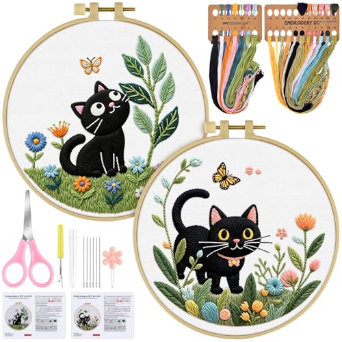 ERKOON Embroidery Kit for Beginners, 2 Set Flower Cross Stitch Set Include Embroidery Cloth Hoops Threads for Craft Lover Hand Stitch with Embroidery Skill Techniques (Cat) - color: Cat