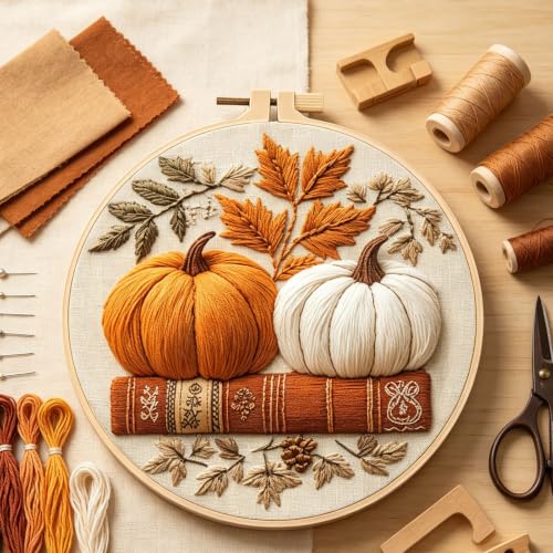 FONNUY Pumpkin Embroidery Kit for Beginners, Pre-Stamped Pattern Kits for Adults with Hoop, Easy to Follow Color Thread Needlework, 8'' Hoop (White) - color: White