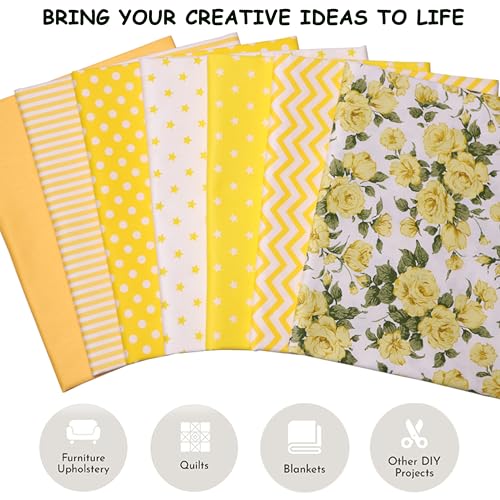 Yellow Print Cotton Fabric Fat Quarter Bundles - Quilting Fabric Material for Sewing, Patchwork Quilt, Apparel, Bags, Upholstery, and Crafts, 7 pcs 15.7" x 19.7" Pre Cut - color: Bright Yellow