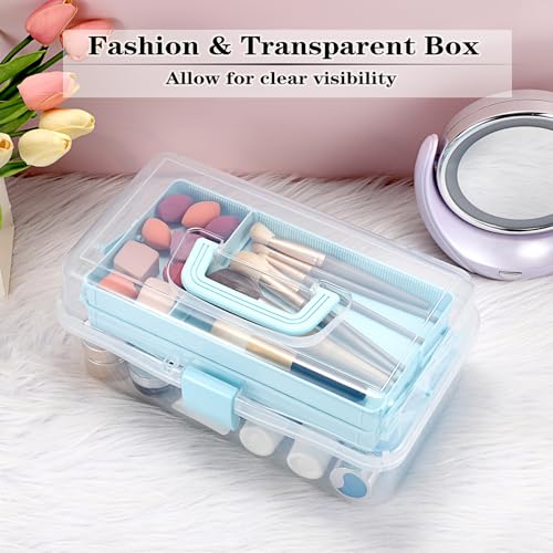 BTSKY 3-Layer Clear Plastic Dividing Storage Box Craft Organizer and Storage with Adjustable Spacers Portable Handled Art Supply Organizer Multipurpose Home Utility Box Sewing Organizers (Blue) - color: Clea+Blue