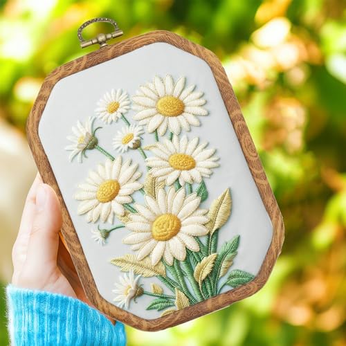 INFUNLY 6 Pack Octagon Daisy Embroidery Starter Kit 7.9×5.9inch Vintage DIY Embroidery Kits for Adults Stamped Needlepoint Set with Step-by-Step Instructions Colorful Threads Craft Lover Gift - style: Vintage Daisy
