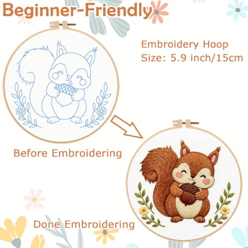 Nuberlic Embroidery Kit for Beginners Stamped Squirrel Needlepoint - color: Squirrel