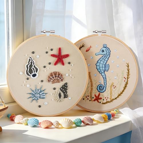 Beach Embroidery Kits for Beginners Adults, Coastal Hand Embroidery Set Needlepoint Kits, Stamped Cross Stitch Kits for Beginners Adults, 2 Embroidery Hoops, Fabric, Thread (Attached Video Tutorial) - color: Beach-2, size: 8inch