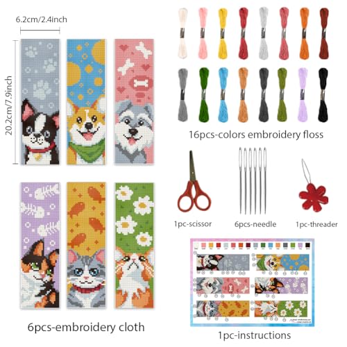 INFUNLY 6PCS Dogs Cats Cross Stitch Bookmark Kit for Beginners 8.66"×3.15" Animals Stamped Embroidery Bookmark Kit Pet Needlepoint Bookmark Kit with Instruction for Book Lovers Reader Writers - style: Dogs Cats