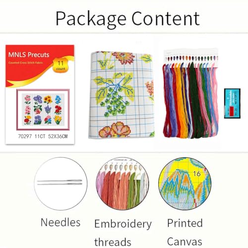 Zhenqing 12 Flowers Printed Cross Stitch Kit for Beginners - Complete Set with Pre-Printed 11CT Fabric, Threads & Needle (No Hoop Needed) (70297)