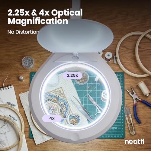 Neatfi Elite Super LED Magnifying Lamp with Clamp – 6” Glass Lens, 2.25X/4X Bifocal, 6500K Daylight | Glare-Free, Nonpolar Dimming | Reading, Crafting & Precision Work (6 Inch Lens, White) - color: White, size: 6 Inch Lens