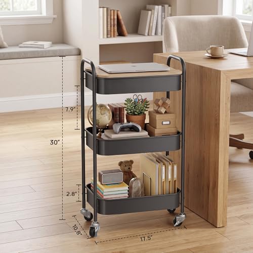 DTK 3 Tier Rolling Cart with Wheels, Heavy Duty Metal Utility Cart, Mobile Storage Organizer with Lockable Casters, Multi-Purpose Rolling Cart for Nursery, Bathroom, Kitchen, Office, Classroom - color: Matte Black, size: Large