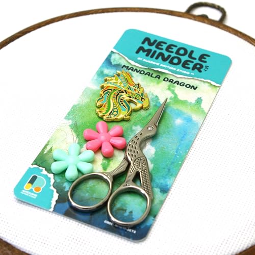 Needle Minder Set - Mandala Dragon Magnetic Needle Minder + 2 Needle Threaders + Crane Scissors. Enamel Pin for Cross Stitch, Embroidery and Craft - size: Dragon Set #2