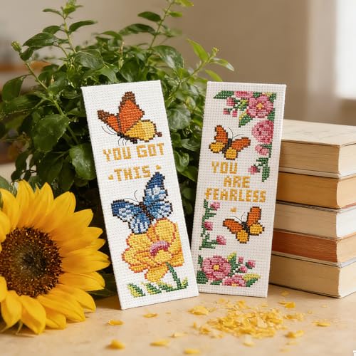 INFUNLY 6pcs Butterfly Quotes Cross Stitch Bookmark Kit DIY Embroidery Starter Set 3x8.5 Inch Cotton Linen Pre-Printed Fabric 14 Colors Floss Backing Felt Needles Threader Instructions for Book Lovers - style: Butterfly and Quotes
