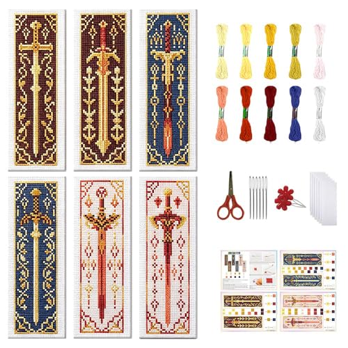 FREEBLOSS 6 PCS Cross Stitch Bookmark Kits for Beginner 8" x 2.4" - style: Sword
