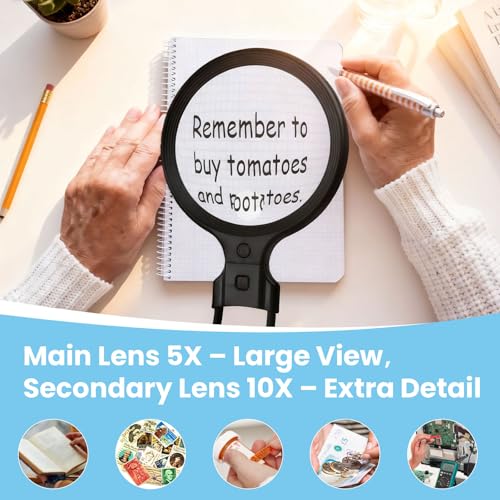 Hands-Free Neck Wear Magnifying Glass with Light - 3 Lighting Modes, Detachable 2-in-1 Neck & Handheld Magnifier,5X Main Lens + 10X Auxiliary Lens for Close Work, Reading Books, Sewing, Seniors
