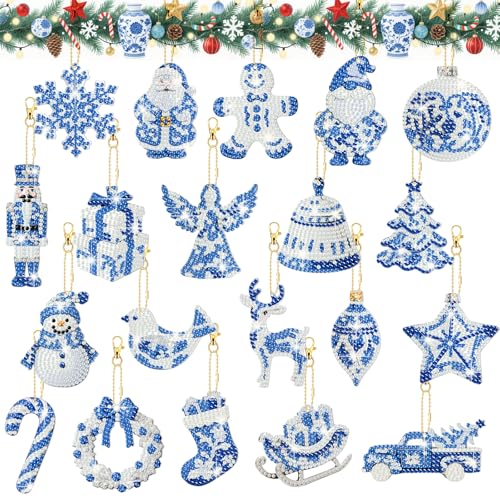 20 Pcs Christmas Diamond Art Ornaments Diamond Painting Keychain Kits - style: Blue and White Porcelain