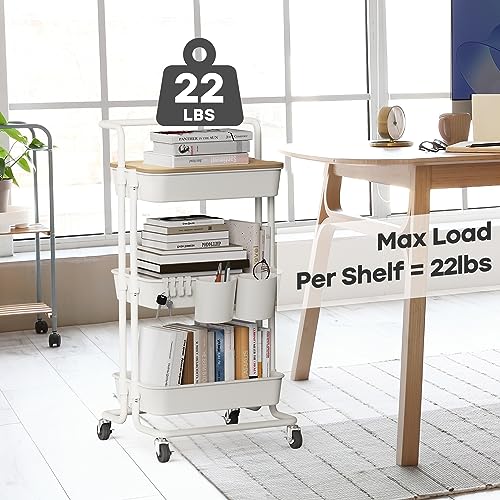 DTK 3 Tier Rolling Utility Cart with Cover Top Board, Movable Kitchen Storage Cart Trolley with Lockable Wheels, Cups, Hooks for Kitchen Bathroom Home Office Art Craft Storage and Organization(White) - color: White, size: Medium